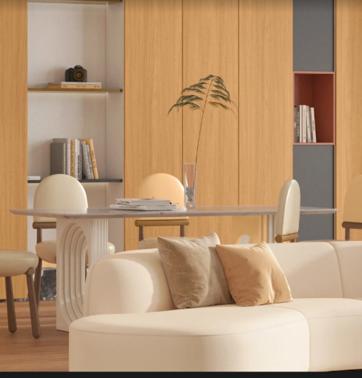 Warm oak panelled dining nook with cream sofa